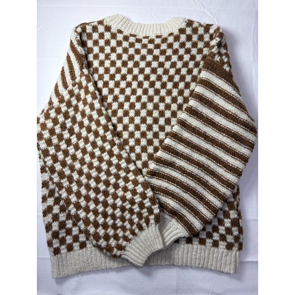 Altar'd State Checkered Striped Colorblock Knit Oversized Sweater Brown Large - Picture 3 of 6